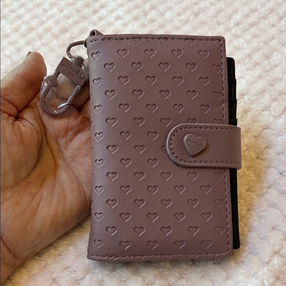 Betsey Johnson Tab Heart Card Case Wallet Mauve Purple Embossed Hearts NEW